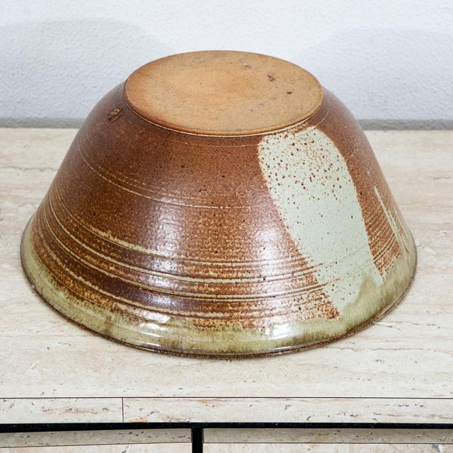 Mid Century Modern Round Bowl Studio Hand Thrown Large Blue Tan Brown Signed MCM For Sale - Image 4 of 8