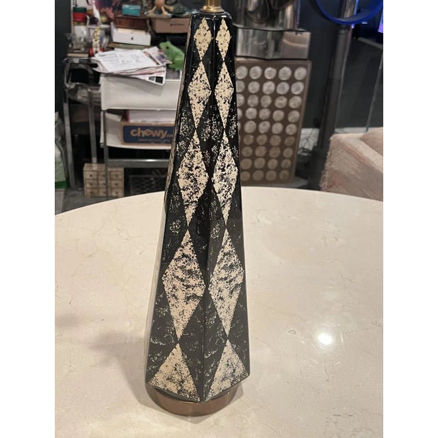 Metal Mid Century Harlequin Pattern Obelisk Lamps in the Manner of Fornasetti - A Pair For Sale - Image 7 of 12