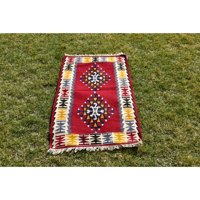 1980 Turkish Red Geometric Oushak Kilim For Sale - Image 13 of 13