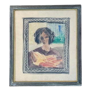Vintage Mixed Media Portrait on Paper For Sale
