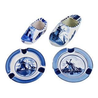 Vintage Hand-Painted Delft Blue Dutch Clog and Windmill Ashtray Set - 4 Pieces - Made in Holland For Sale