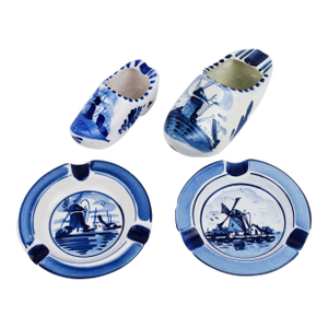 Vintage Hand-Painted Delft Blue Dutch Clog and Windmill Ashtray Set - 4 Pieces - Made in Holland