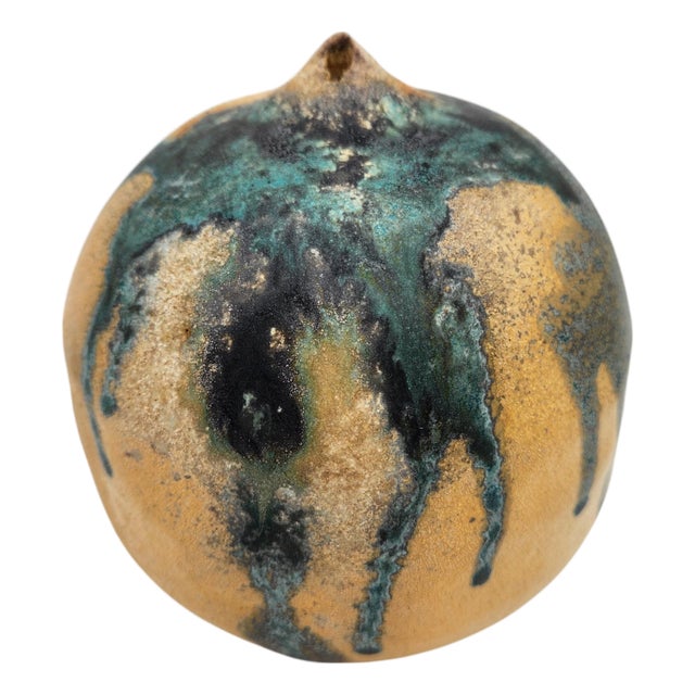 Mid 20th Century Handcrafted Organic Ceramic Weed Pot with Teal and Iron Drip Glaze For Sale