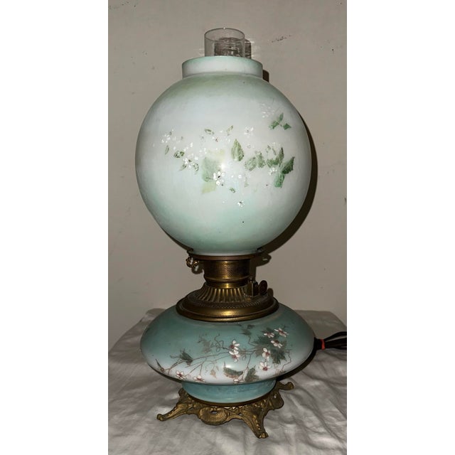 Fostoria Glass Company Antique Victorian Electrified "Gone With the Wind" Hurricane Lamp With Hand-Painted Floral Globe, C. 1895 For Sale - Image 4 of 12