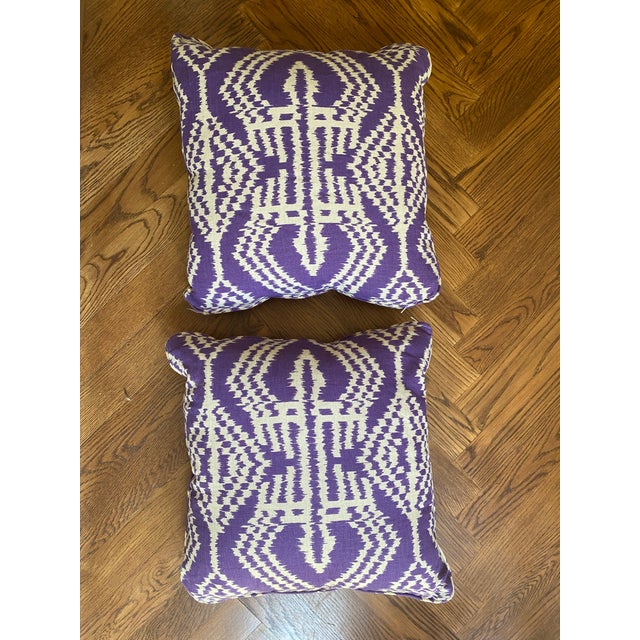 Transitional Schumacher "Asaka Ikat" Pair of 20" Pillows For Sale - Image 3 of 5