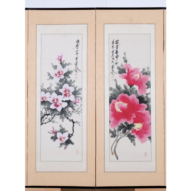 1960s 1960s Japanese Byobu Four Traditional Hand Painted and Stamped Floral Vignettes on This Overall Very Good + 4-Panel Folding Screen For Sale - Image 5 of 7