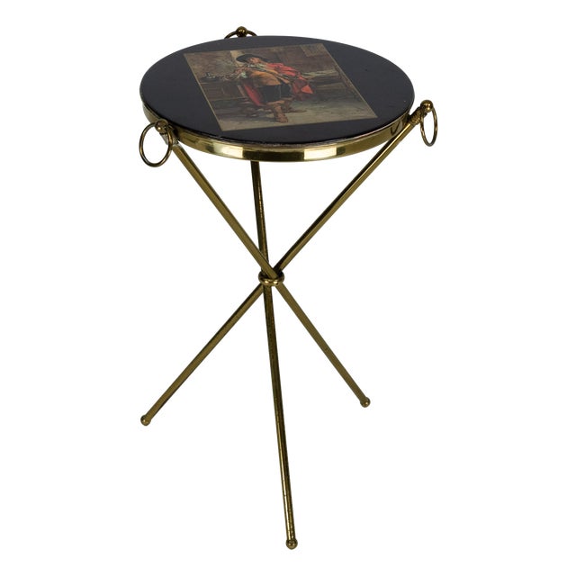 Italian Brass and Wood Tripod Coffee Table, 1950s For Sale