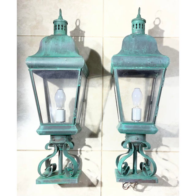Pair of Vintage Solid Brass Post Lanterns. 27”h X 8”.5 X 8”.5 For Sale - Image 12 of 16