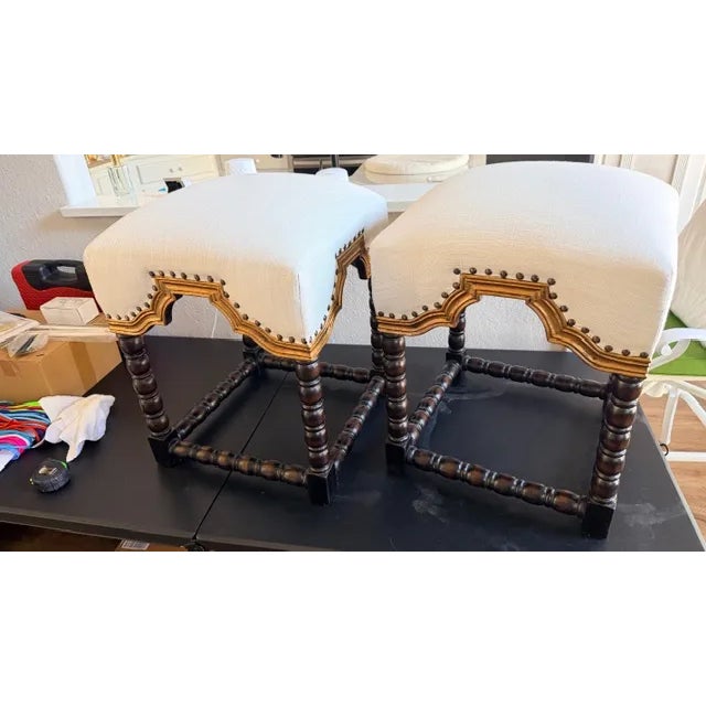 A Pair of Antique White Foot Stools With Gold Accent For Sale - Image 9 of 15