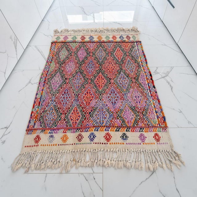 Turkish Vintage Hand Woven Kilim Rug. Turkish Jajim Wool Kilim Sofreh Deco Rug Embroidered - 3′5″ X 4′5″ For Sale - Image 3 of 12