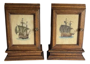 Mid 20th Century Wooden Bookends With Etchings of 17th Century Ships & Doors- a Pair