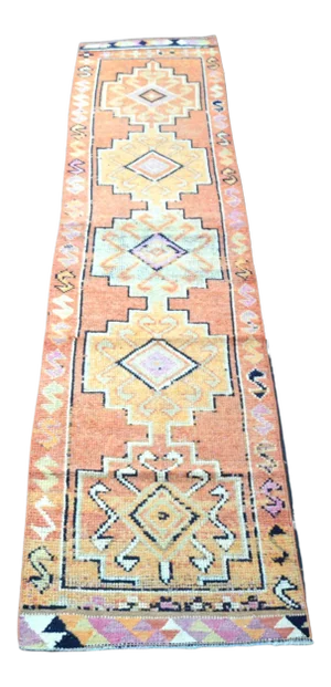 Vintage Geometric Design Orange Turkish Wool Herki Runner