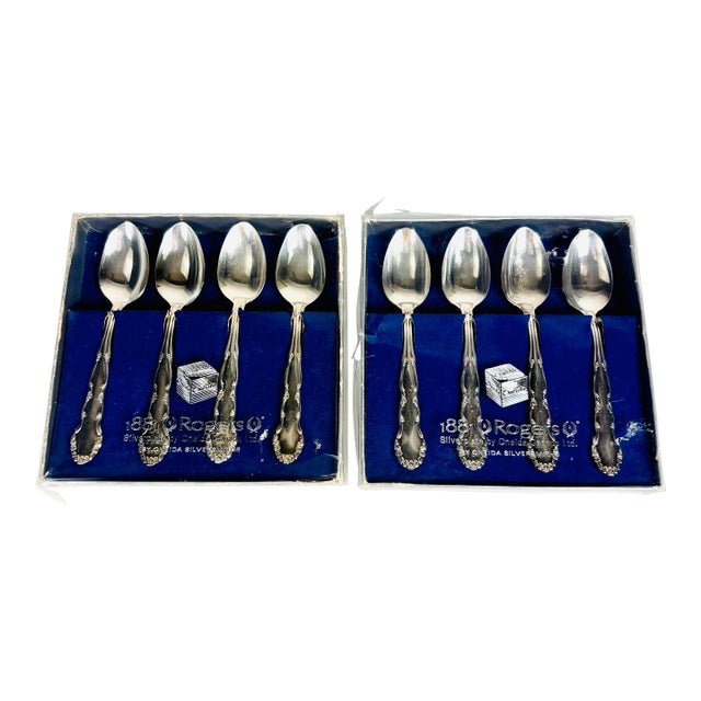 Mid 20th Century Oneida Silverplate “Flirtation” Demitasse Spoons – Set of 8 in Original Boxes For Sale