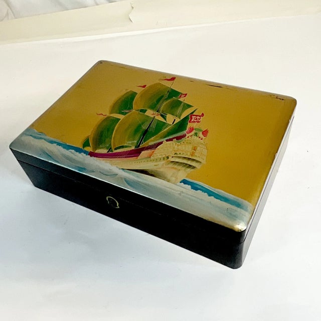 Mustard Mid-Century Boho Chic Coastal Nautical Japanese Hand Painted Wooden Box For Sale - Image 8 of 10