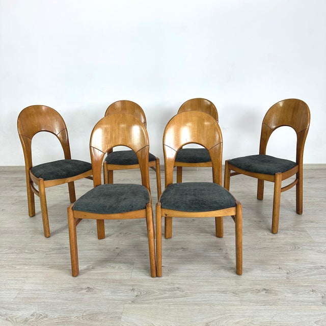 Dimensions: H 34.5” x W 18.5” x SD 16.3” x SH 19” Set of 6 Danish dining chairs designed by Niels Koefoed with newly...