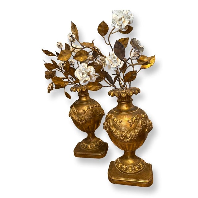 Antique Pair of Italian Decorative Gilt Middle Pots with applications of Metal Painted Flowers . These Great Pots can be...