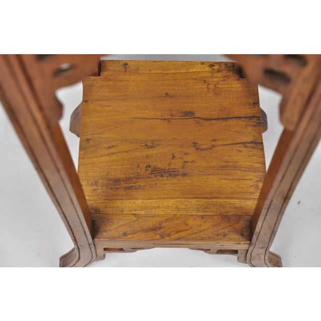 Brown Vintage French Art Nouveau Style Carved Teak Pedestal Plant Stand Side Table For Sale - Image 8 of 18