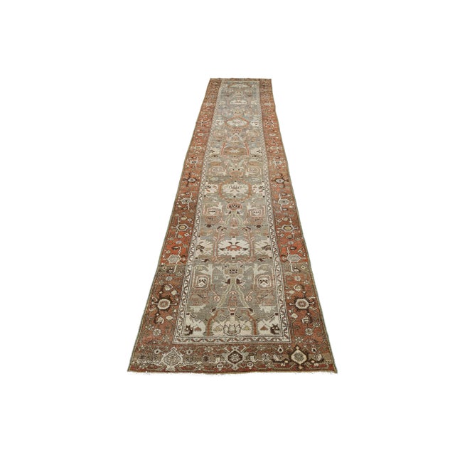 Tribal Antique Oriental Rug Runner - Hand-Knotted Wool, Muted Blue & Terracotta 3x16 For Sale - Image 3 of 8