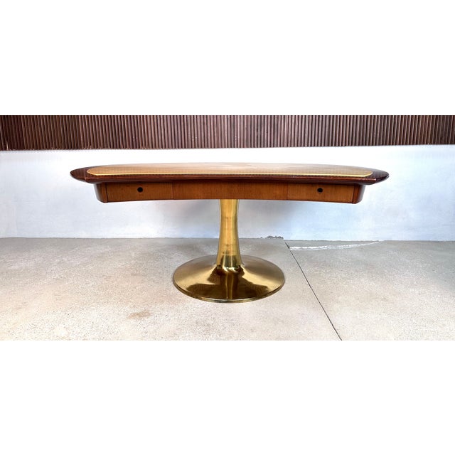 Italian Sculptural Single Column Desk in Leather and Brass, 1950s For Sale - Image 6 of 18