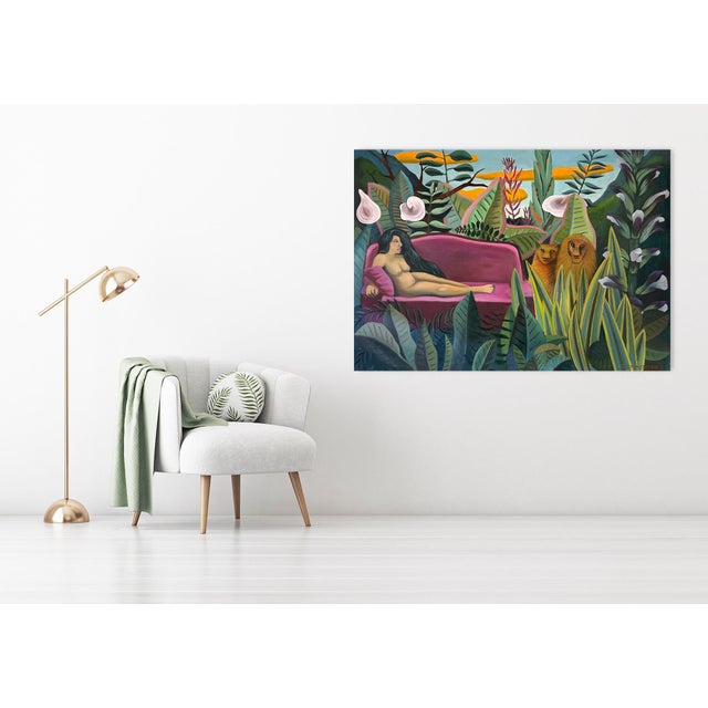 Marc Zimmerman "Homage to Rousseau" Oil Painting, Jungle Fantasy, Reclining Nude With Lion, Magenta Sofa, Contemporary Art West Coast For Sale In Monterey, CA - Image 6 of 7