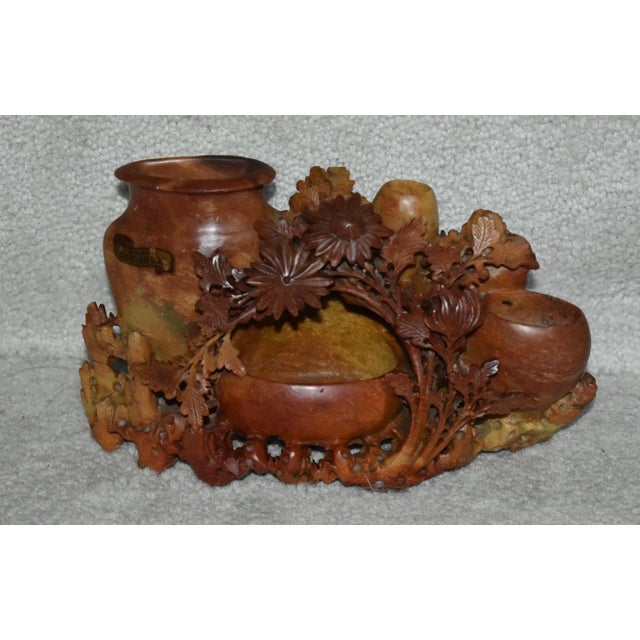 Vintage (1950s) Decorative Piece is Asian. Made of Soapstone. Carved Soapstone. Ornately Carved Vases with Floral Details...