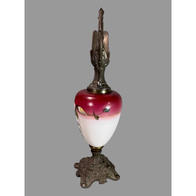 Early 20th Century Antique Victorian Ornate Cast Metal & Floral Hand Painted Art Glass Ewer For Sale - Image 5 of 7