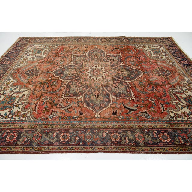 1960s 1950s Vintage Handmade Heriz Wool Rug in Rust Color With Medallion Design For Sale - Image 5 of 8