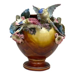 19th Century Large Austrian Parrots & Flowers Cache Pot