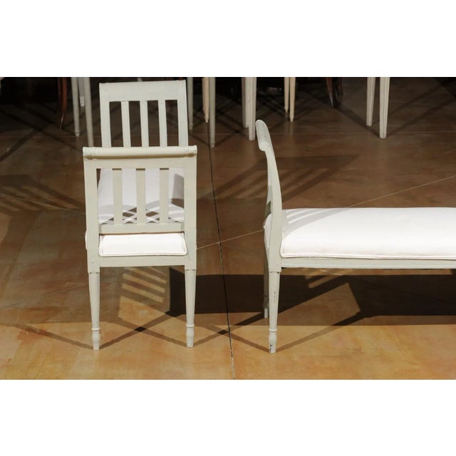 Wood Italian 1890s Painted Wood Classical Bench with Scrolling Arms and Upholstery For Sale - Image 7 of 12