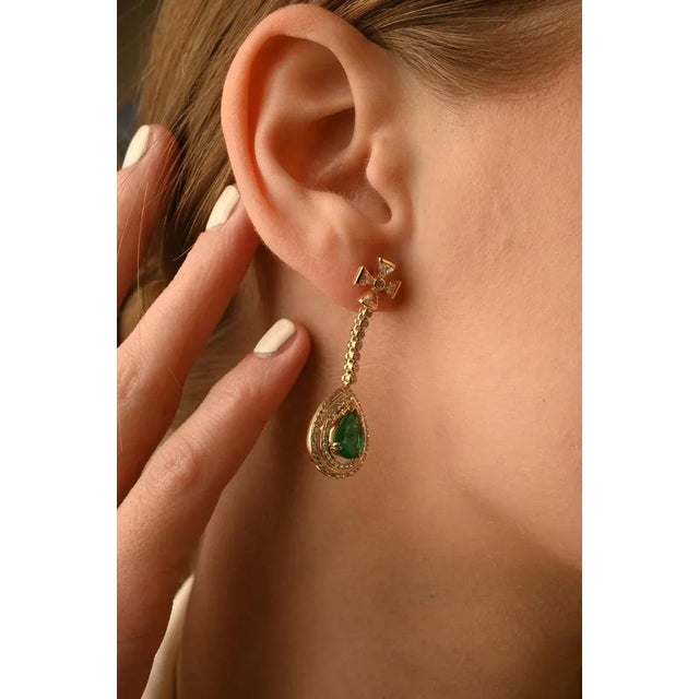Not Yet Made - Made To Order Statement Diamond Natural Emerald Dangle Drop Earrings 14k Solid Yellow Gold- 2 Pieces For Sale - Image 5 of 11