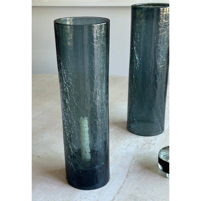 Glass Tall Crackle Glass Hurricane Candle Holders Slate Blue - Pair For Sale - Image 7 of 8