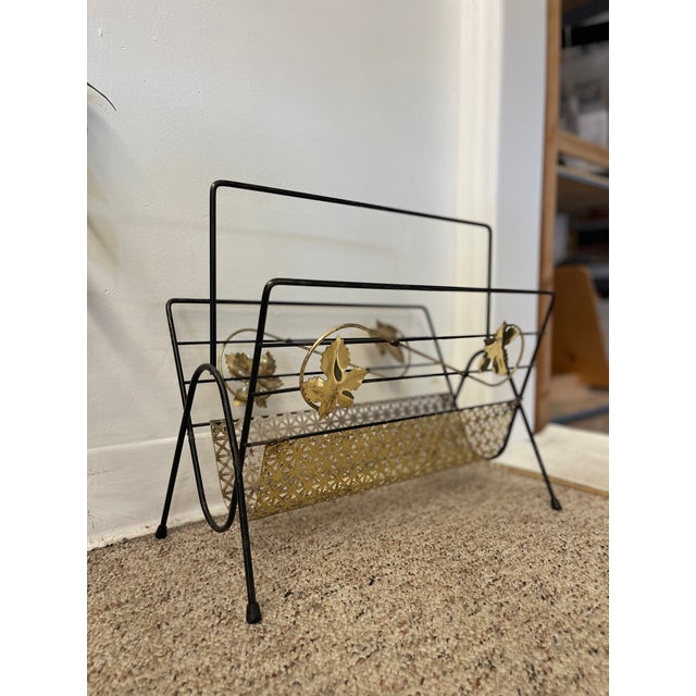 Mid-Century Modern Black Wrought Iron and Brass Toned Magazine Rack With Leaf Motif. For Sale - Image 4 of 7