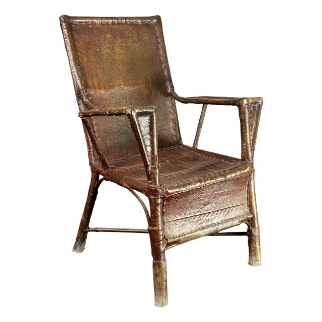 Art Deco Wabi Sabi Colonial Rattan and Faux Leather Oil Cloth Armchair, 1920s For Sale