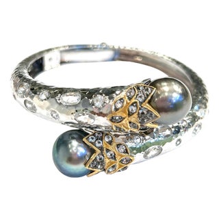 Bochic "Orient" Vintage Sapphire, Diamond & South Sea Pearl Bangle Set 18K & Silver For Sale