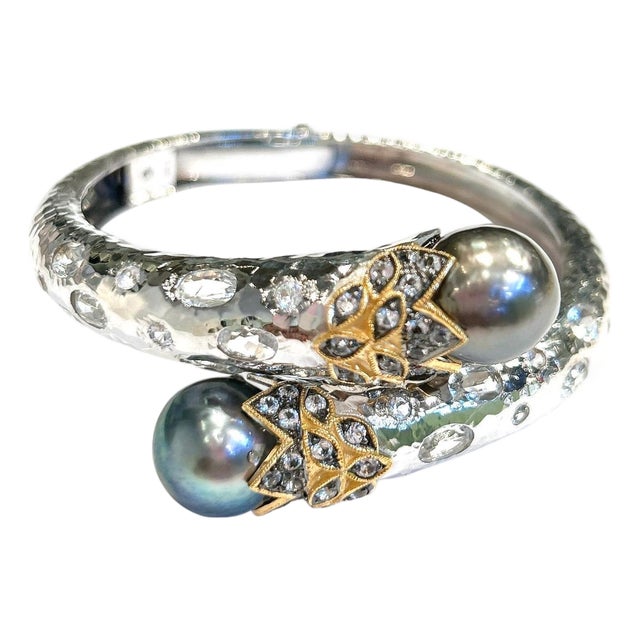 Bochic "Orient" Vintage Sapphire, Diamond & South Sea Pearl Bangle Set 18K & Silver For Sale
