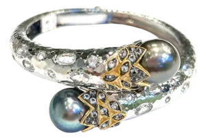 Bochic "Orient" Vintage Sapphire, Diamond & South Sea Pearl Bangle Set 18K & Silver