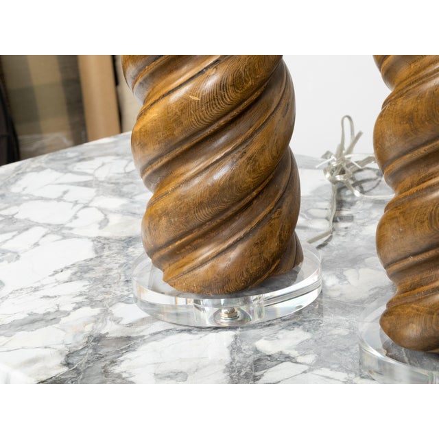 Brown Mid 20th Century French Midcentury Twisted Solomonic Column Style Table Lamps on Lucite - Pair For Sale - Image 8 of 8
