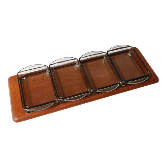 Scandinavian Teak Appetizer Tray and Glass Dishes, 1960s, Set of 5 For Sale