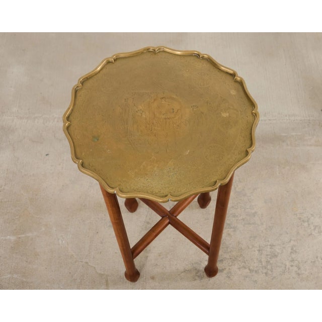 Asian Etched Brass Tray Table on Four Leg Stand For Sale - Image 4 of 18