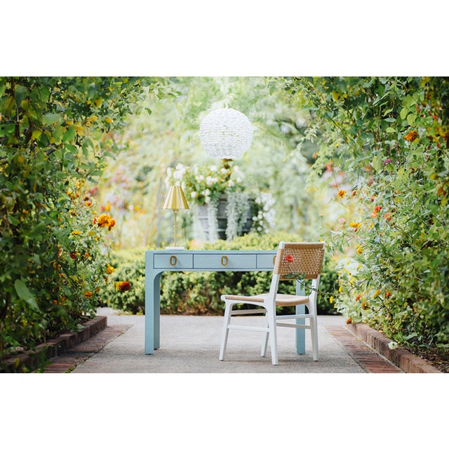 Metal Matthew Izzo Home Gladys Light Blue Textured Linen Three Drawer Desk With Brass Hardware and Glass Top For Sale - Image 7 of 8