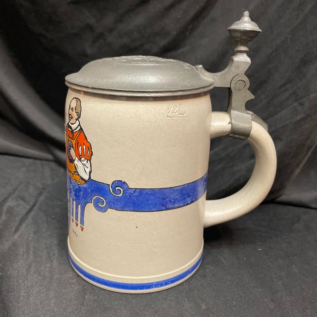 Traditional An Antique German Beer Stein With Ornamented Pewter Lid. For Sale - Image 3 of 12