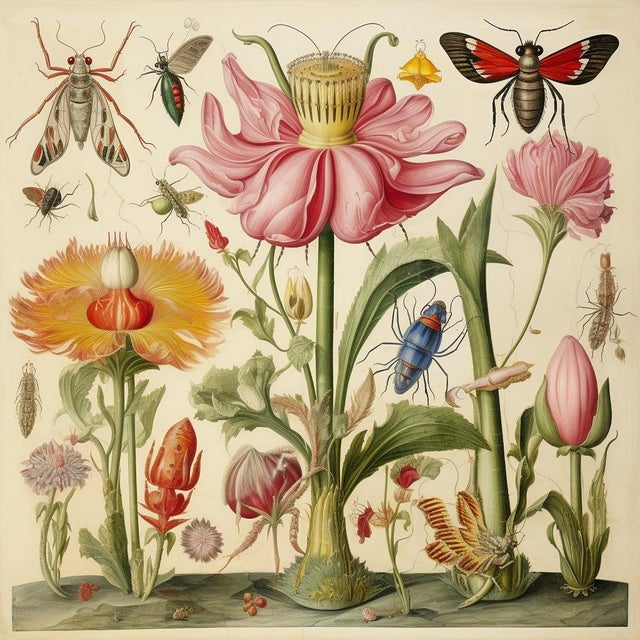 Set of 6 - 'Insects and Flowers' Botanical Floral Prints Dimensions: Individual print size (in): 18 x 18 (additional white...