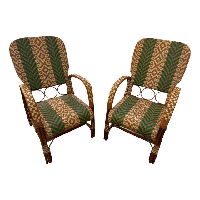 Rattan Armchairs in the style of Audoux Minet, France, 1950s, Set of 2 For Sale
