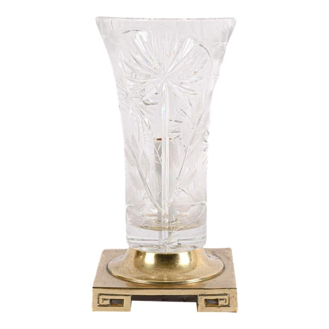 Dresden Cut Crystal Lamp on Brass Base – Hand‑Cut Starburst & Floral Design For Sale