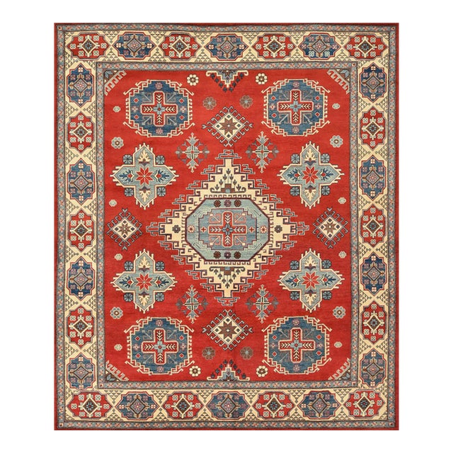 Kazak Rug 8'2'' X 9'8'' Red Wool Geometric Hand-Knotted Oriental Carpet For Sale