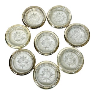 1950s Vintage Italian Glass & Silver Plate Leonard Blackinton Coasters - Set of 8. For Sale