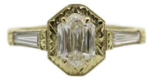 1990s 18k Gold Hexagonal Diamond Hand Engraved Ring, Size 6