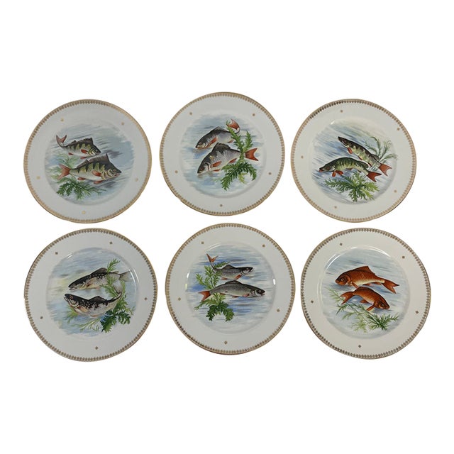 Late 19th Century French Limoges Charles Ahrenfeldt Fish Dinner Plates, Set of Six For Sale
