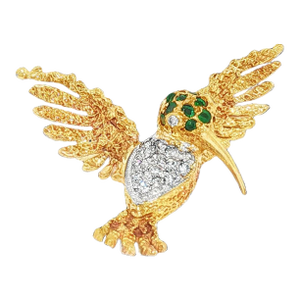 Mid-Century 18k Yellow Gold Emerald and Diamond Hummingbird Pin