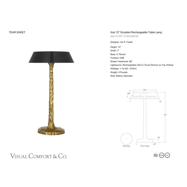 Ian K. Fowler by Visual Comfort Signature Ilosi 12" Sculpted Rechargeable Table Lamp in Hand-Rubbed Antique Brass with...
